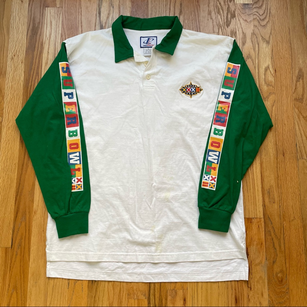 Men's Vintage 90s Logo Athletic Super Bowl Xxxii Spell Out Polo Rugby Shirt Sz L